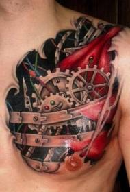gizonezko bularreko kolorea engranaje mekanikoa bihotzeko tatuaje ereduarekin