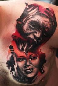 patrón de tatuaje misterioso de monstruo y mujer en el pecho y el hombro