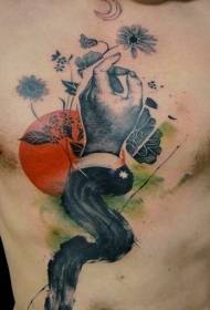 грудзі унікальная чорна-шэрая рука з малюнкам татуіроўкі сонца і кветкі