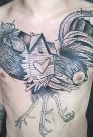 chest unusual design black gray cock with small house tattoo pattern