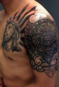 shoulder unique combination black Jesus portrait and ancient Maya flat tattoo pattern