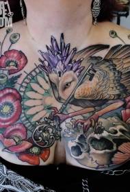 poitrine de couleur magnifique chouette diverses fleurs crâne et motif de tatouage clé