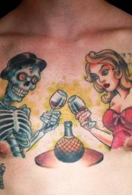 beleza de debuxos animados en cor de peito con patrón de tatuaxe de parella de esqueleto