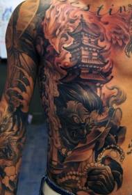 Abdominal asiatisk stil enormt hus og djævelbrev tatoveringsmønster