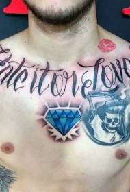 prosty ręcznie malowany wzór tatuażu na piersi z niebieskim diamentem i czaszką