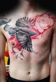 Chest Color Rose with Black Raven Tattoo Pattern