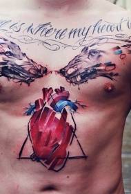 chest and abdomen watercolor style wolf with heart Letter tattoo pattern