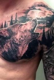 realističan stil crno-bijeli vrisak vuk polumjesec uzorak tetovaža