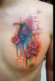 胸部水彩风格鸟和花朵纹身图案