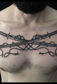 грудь черная гравюра в стиле креста самурай татуировки