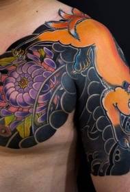 Asian style colorful fox chrysanthemum half-neck tattoo pattern