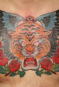 chest winged tiger and rose tattoo pattern