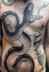 Abdominal and Chest New School Black and White Big Snake Tattoo Pattern