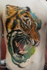 krūtinės ir pilvo realizmo stiliaus riaumojantis tigras tatuiruotės modelis