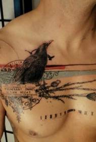 male chest black crow and flower letter tattoo pattern