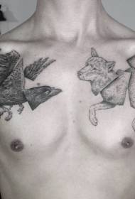 гравиране стил гръден черен вълк с модел на татуировка врана
