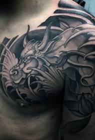 Japanese traditional black gray fantasy dragon half headdress tattoo pattern