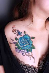 sexy chest blue rose tattoo pattern