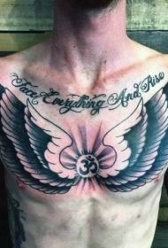 krūtinės juodi ir balti sparnai su raidėmis ir simboliais tatuiruotės raštas