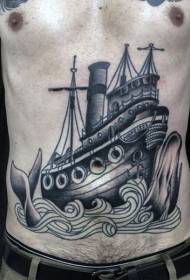 Abdominal Black Gray Style Boat and Whale Tattoo Pattern