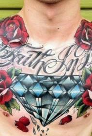 chest colorful Rose and broken diamond letter tattoo pattern