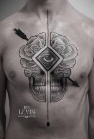 bröst gravyr stil svart skalle blomma och pil tatuering mönster