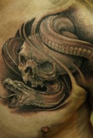 chest black skull and snake tattoo pattern