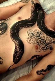 peito de branco e negro incrible patrón de tatuaxe de serpe negra