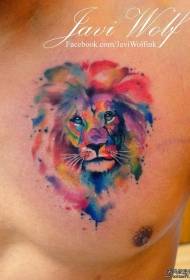 胸部彩色泼墨狮子纹身图案