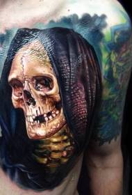 piept Schelet de craniu de culoare realistă cu model de tatuaj de glugă
