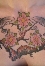 symmetrisk kolibri tatoveringsmønster med blomsterbryst 53358 - Tatoveringsmønster for brystkatttegn
