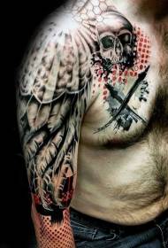 shoulder and chest colored feathers and skull arrow tattoo pattern