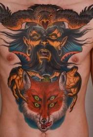 bryst og underliv farvet ond djævel med tatoveringsmønster for rævekrage