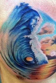 krūtinės spalvos bangos su Jėzaus portretais ir salos tatuiruotėmis