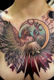 стара школа цвят летящ орел луна и звезди гърдите татуировка модел