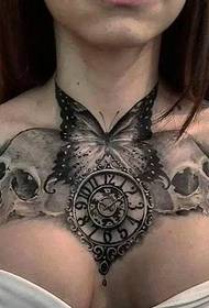 clock and skull combined with chest tattoo pattern