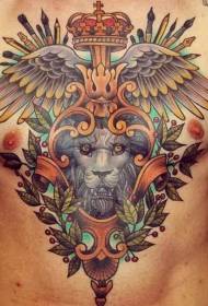 new school chest colored lion crown and wings tattoo pattern