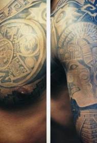 shoulder and chest Mayan symbol tattoo pattern
