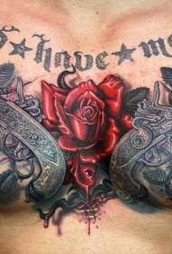 vanhan koulun rintapistooli ja punaisen ruusun tatuointikuvio