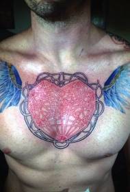 linea complessa sul petto a forma di cuore e disegno del tatuaggio ad ala