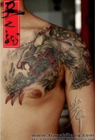 shoulder and chest scary bloody demon dog color tattoo pattern