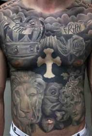 chest and abdomen large area crown cross rose tattoo pattern