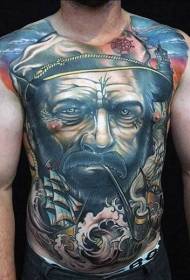chest and abdomen color smoking sailor and sailing tattoo pattern
