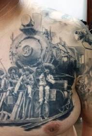 chest exquisite European and American western train with denim tattoo pattern