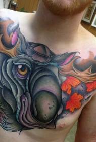 chest modern style color elk and maple leaf tattoo pattern