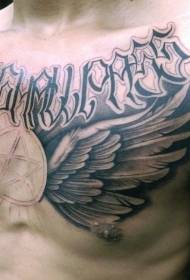 chest mysterious letters and wings tattoo pattern