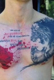 chest color flower letters and lion battle tattoo pattern