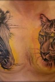 animal world theme of colored leopard head and zebra chest tattoo pattern