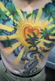 chest-shaped golden light heart-shaped and plant tattoo pattern