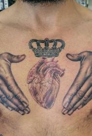chest realistic heart and hand with crown tattoo pattern